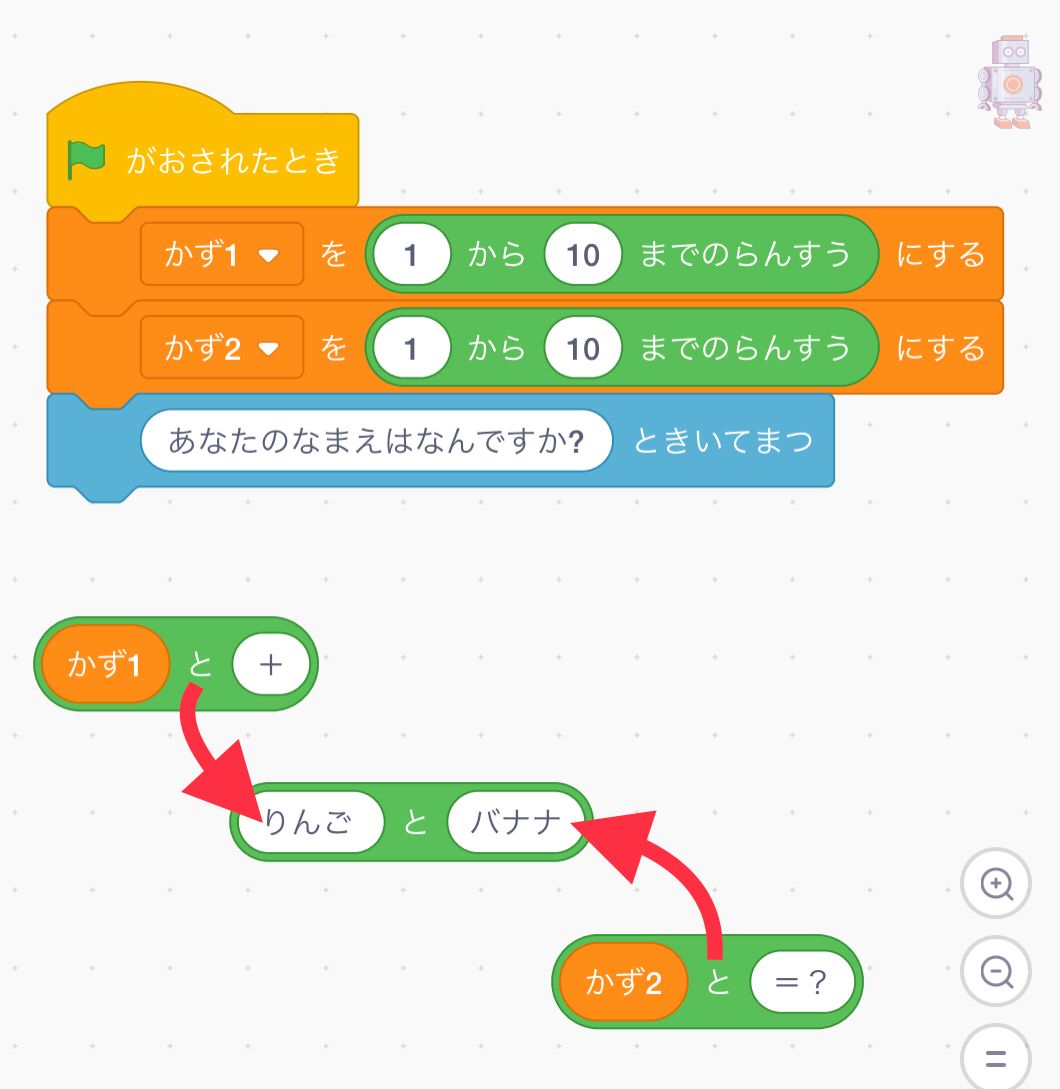 三つの「りんごとバナナ」のブロックをくみあわせる