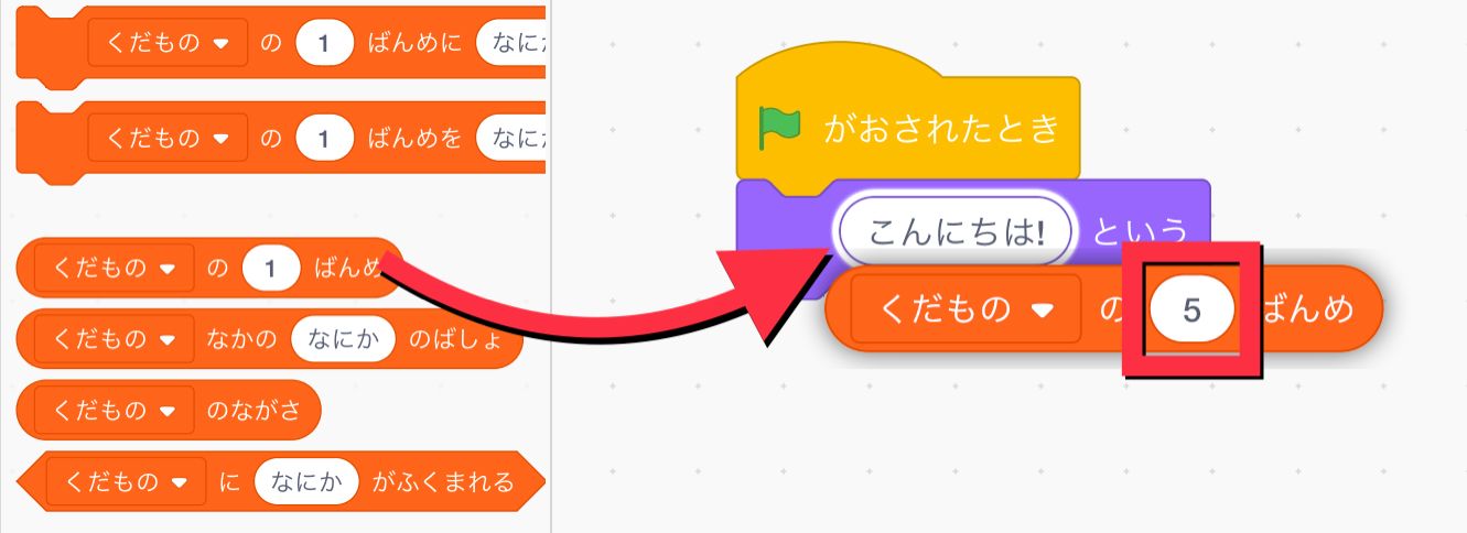 はたがおされたときにつなげたセリフのブロックにリストの五番目ブロックを組み合わせる