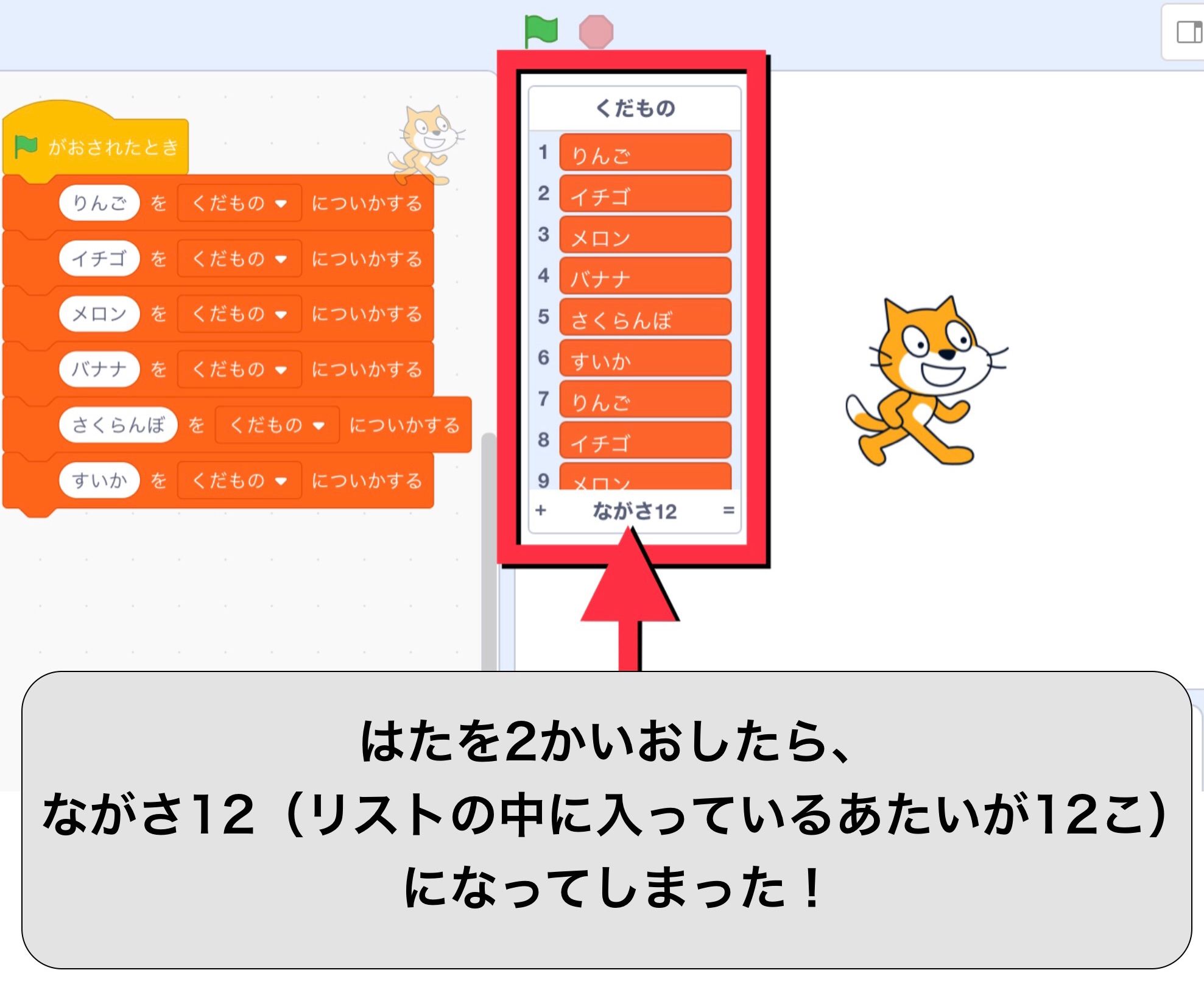 ステージにあるリストのながさが12になっている