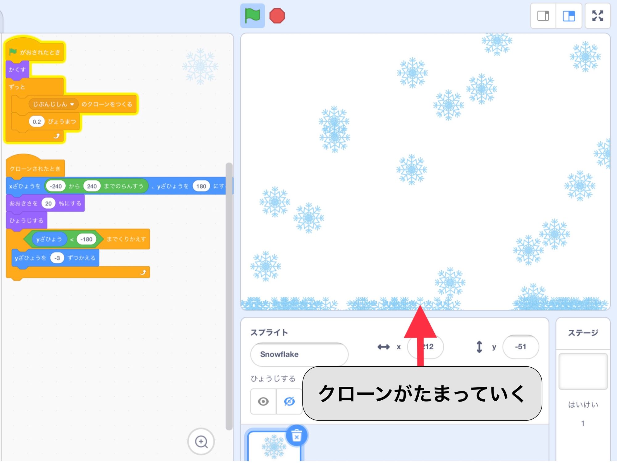 ステージの下にクローンがたまっている状態を示す画像