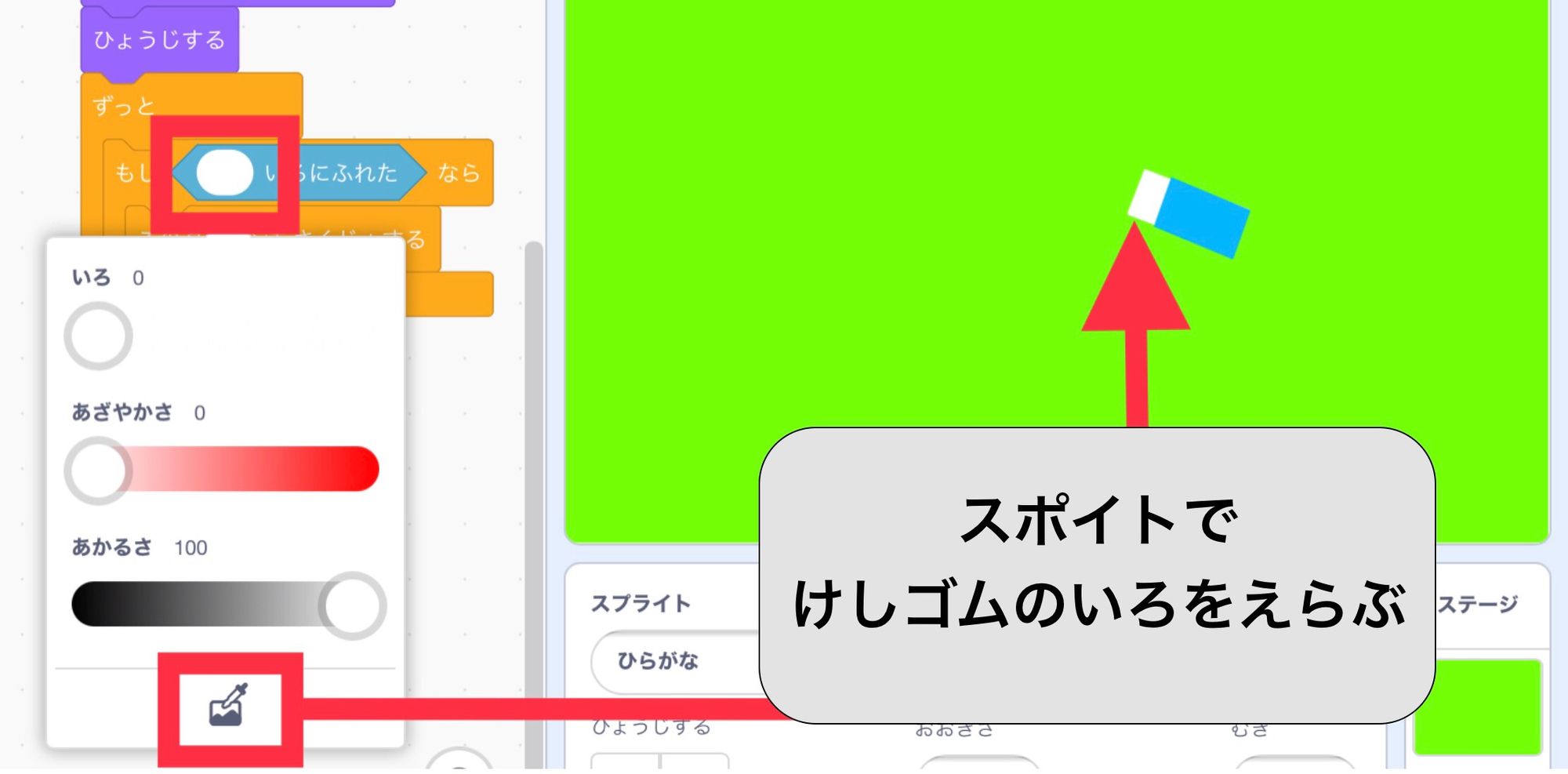 色を選ぶためのスポイトで消しゴムのスプライトの白色を選択する説明画像