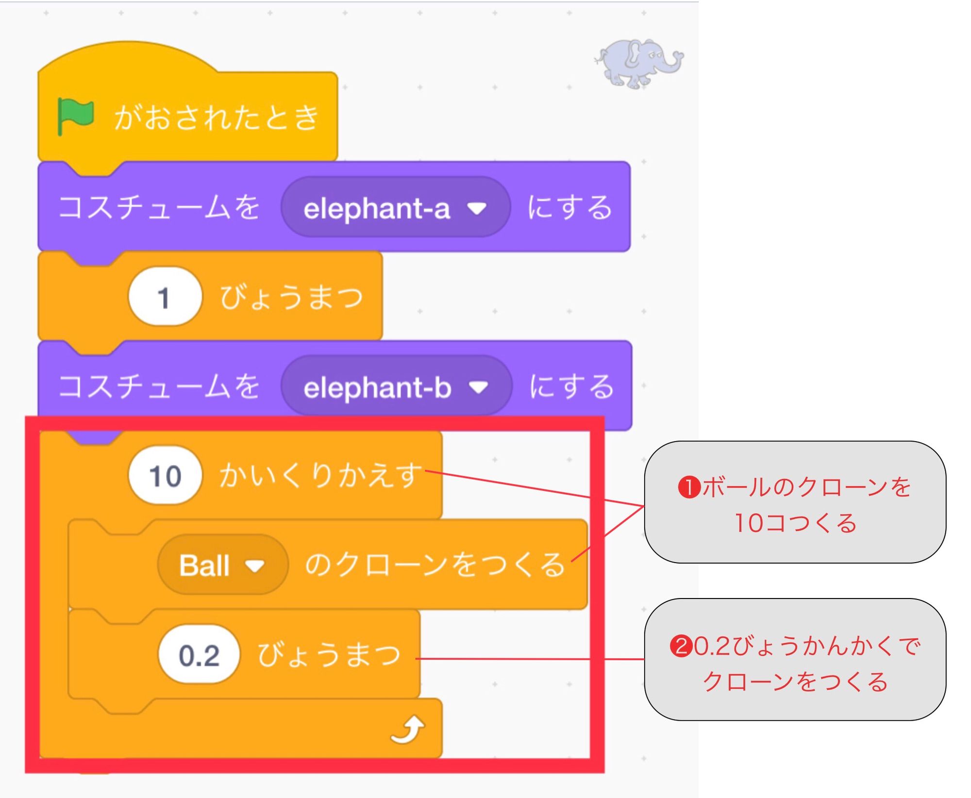 ボールのクローンをつくるコードをコスチュームブロックの下につなげる