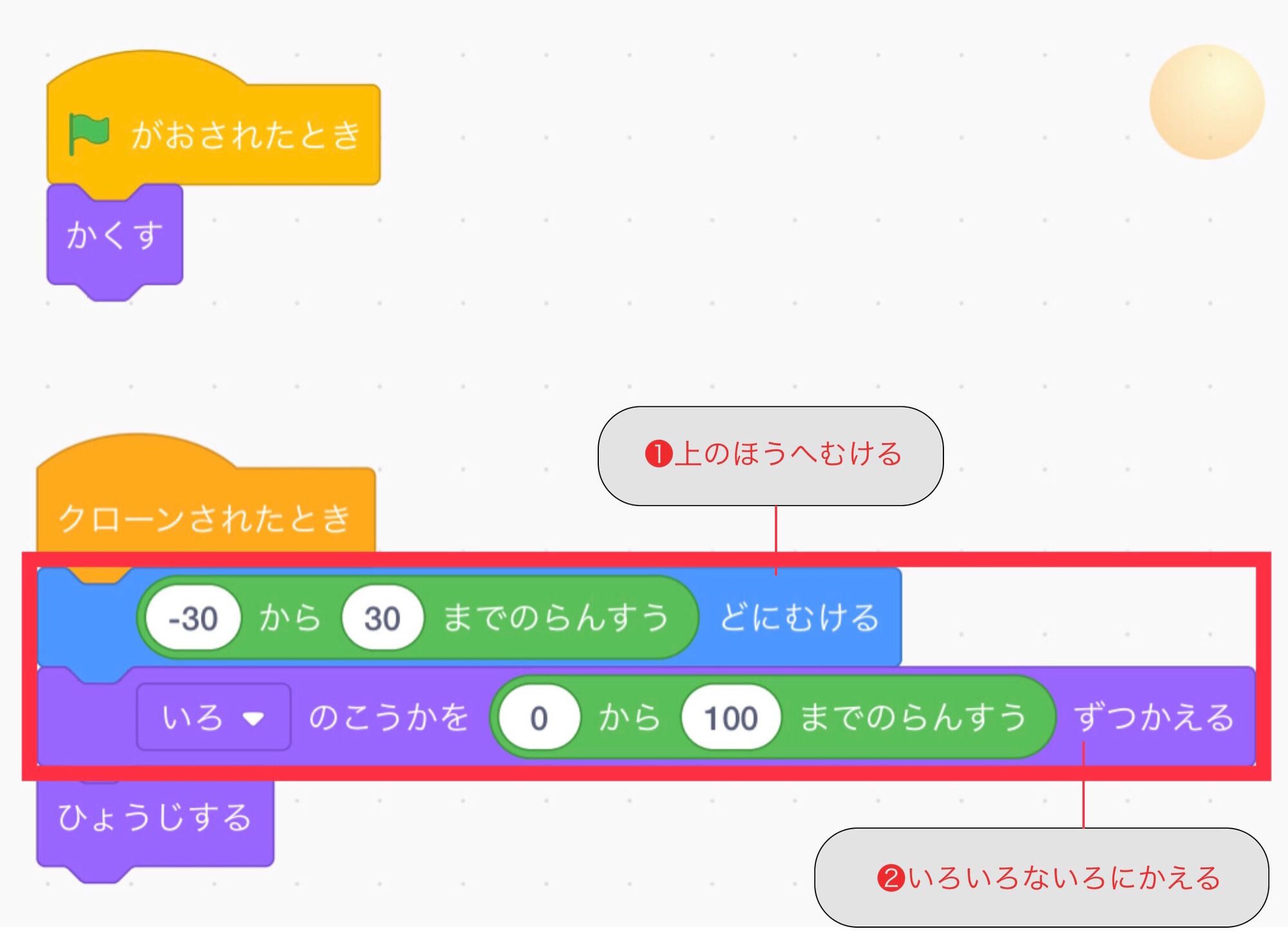 クローンされたときの下に、向きと色の効果のブロックを追加する