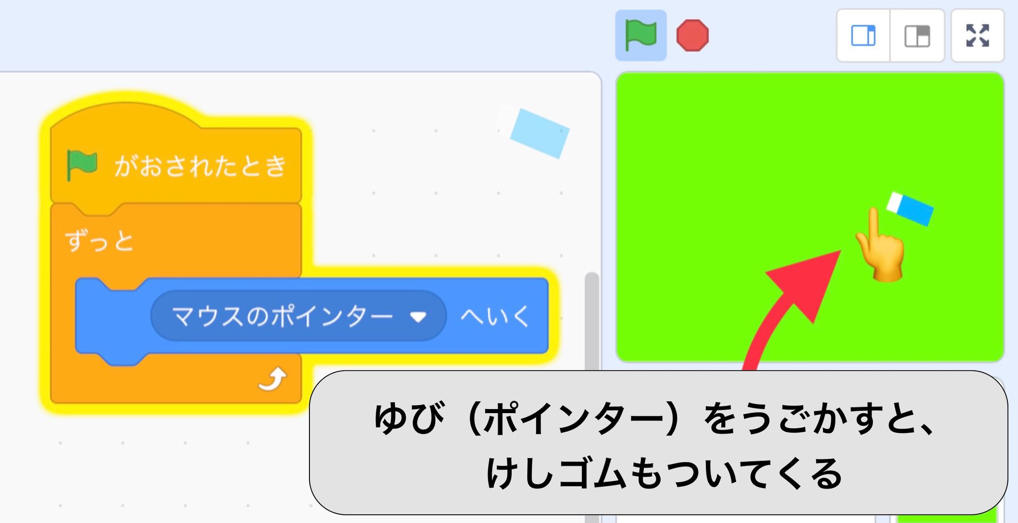 消しゴムが指をおいた場所に動いてくるイメージ画像