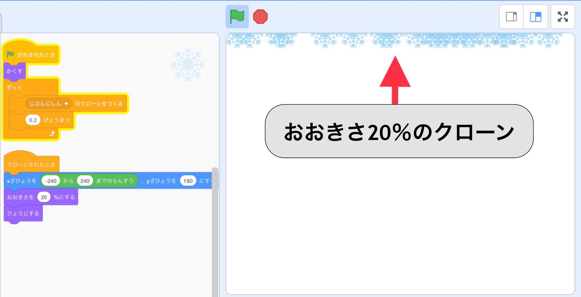 20％の大きさのクローンがステージの上部に次々と表示される