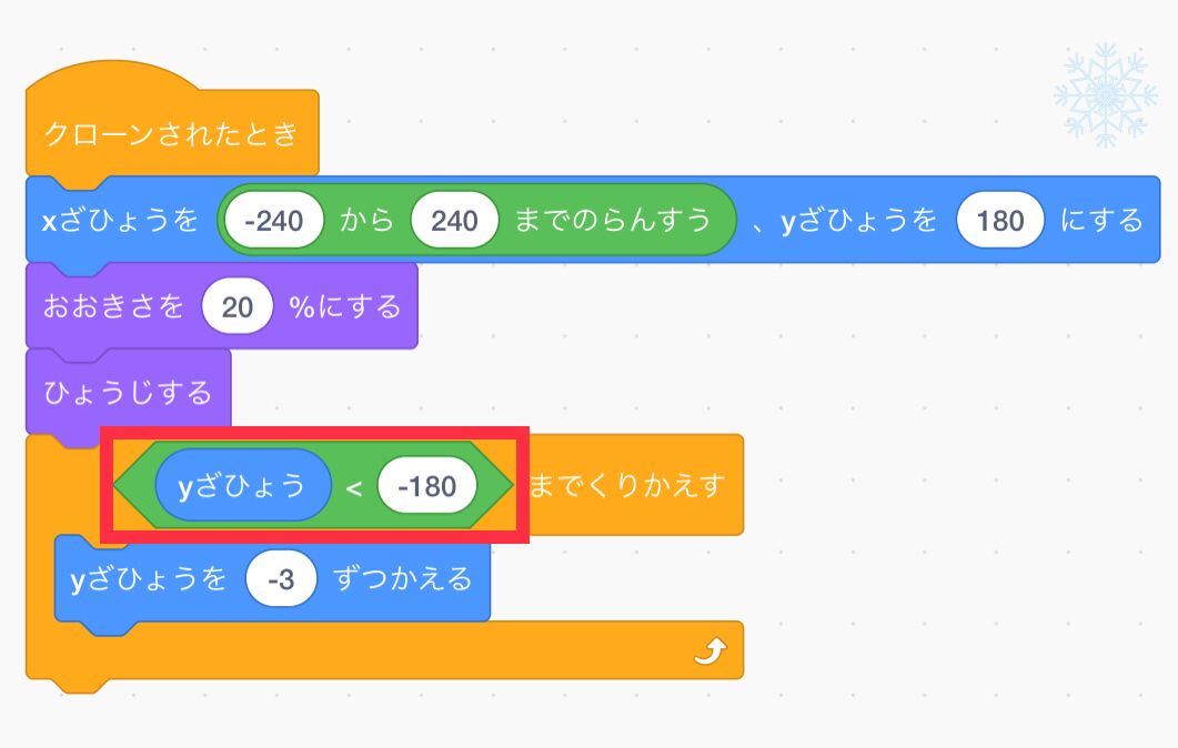 y座標イコール-180を繰り返しのブロックに組み合わせる