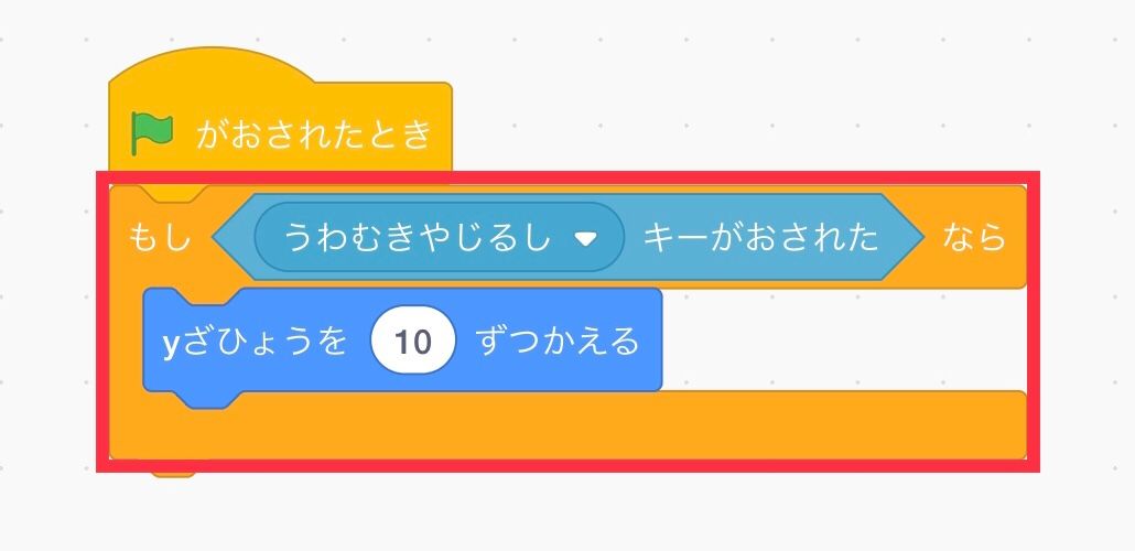 うわむきやじるしキーがおされたならyざひょうをふやすコード