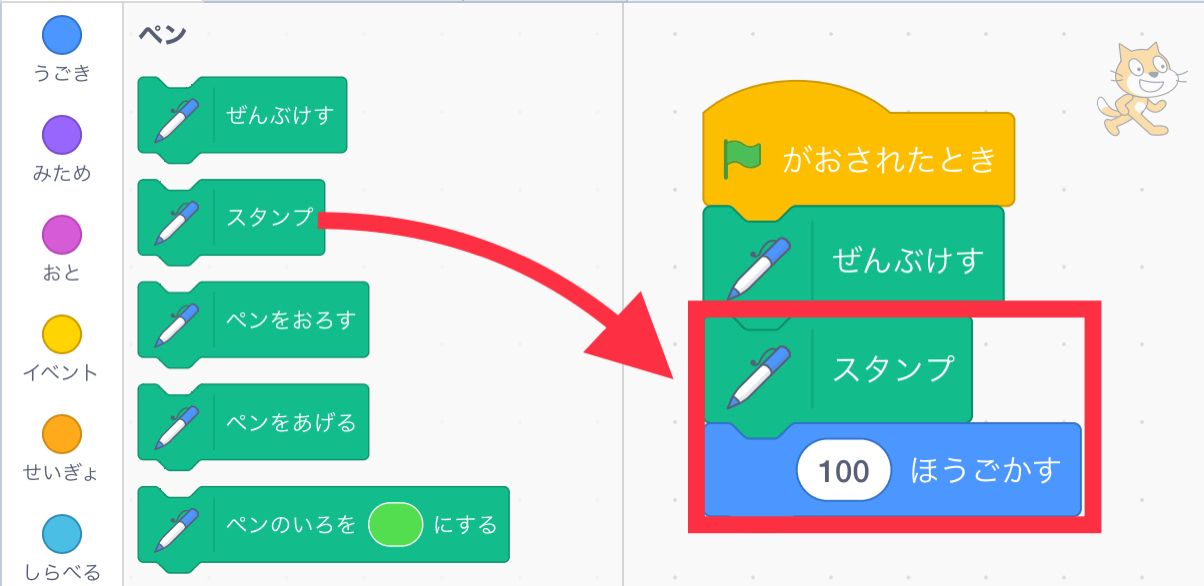 スタンプブロックの下にうごかすブロックをつなげる