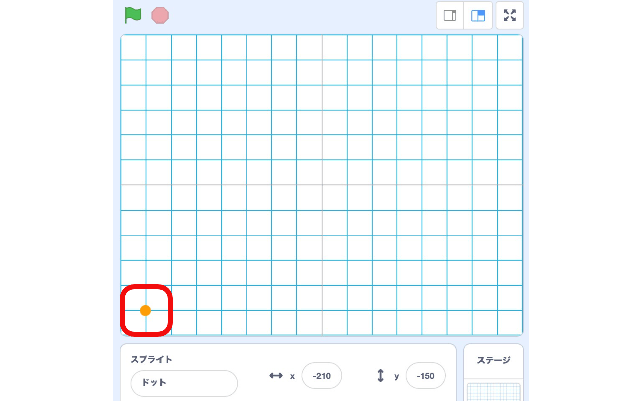 x座標−210、y座標-150にドットが表示されている