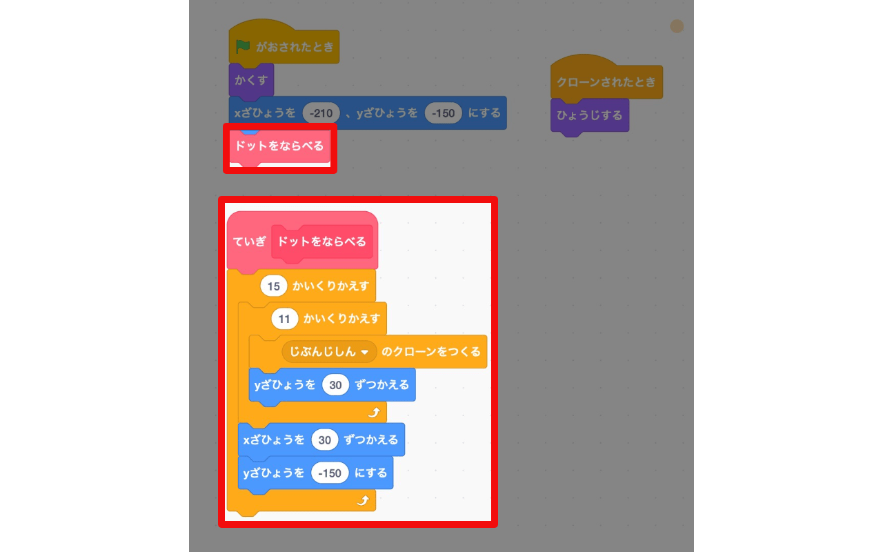 定義「ドットをならべる」の下にクローンを作るためのブロックをつなげる