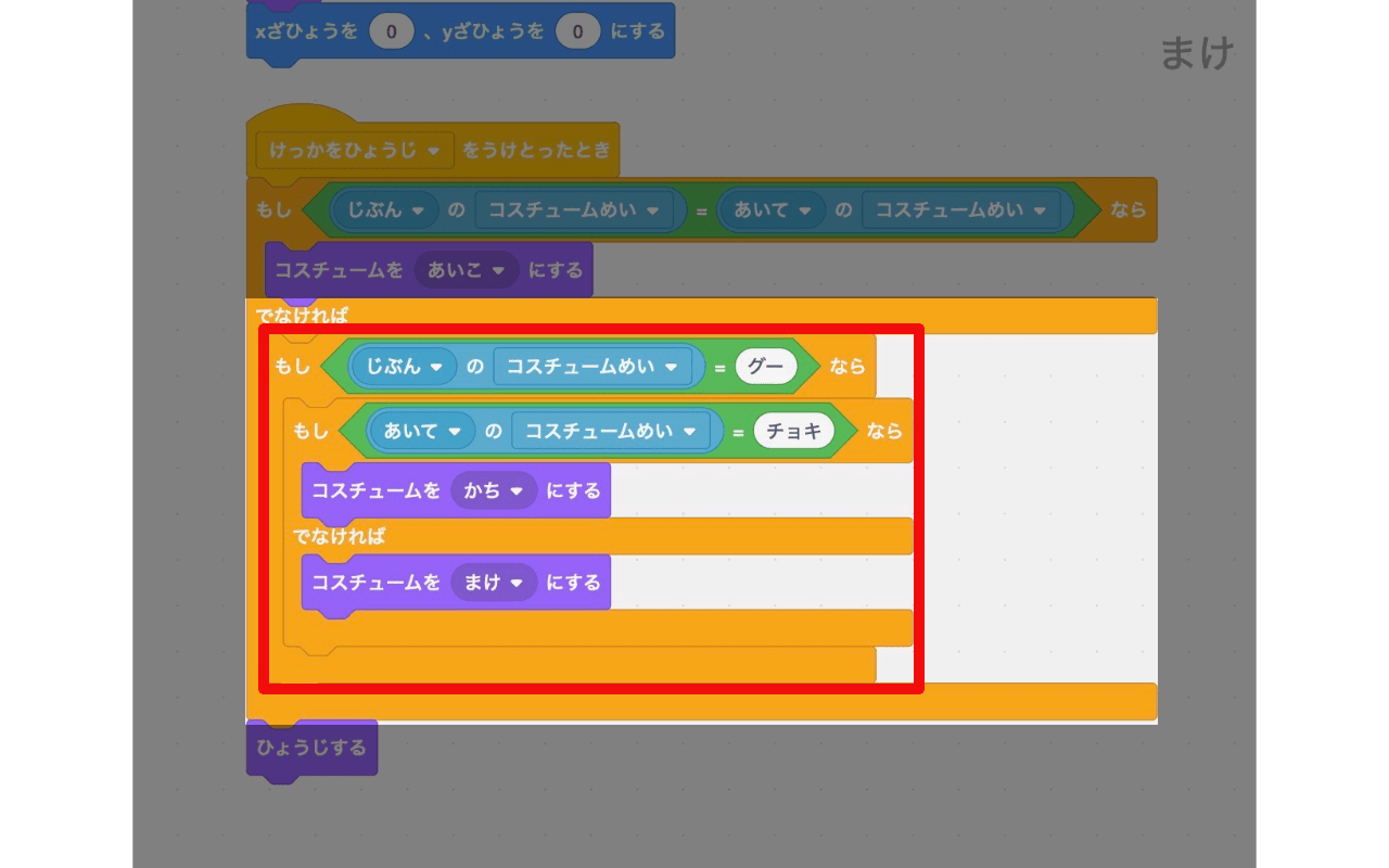 自分がグーを出したときの勝敗の条件と表示する結果