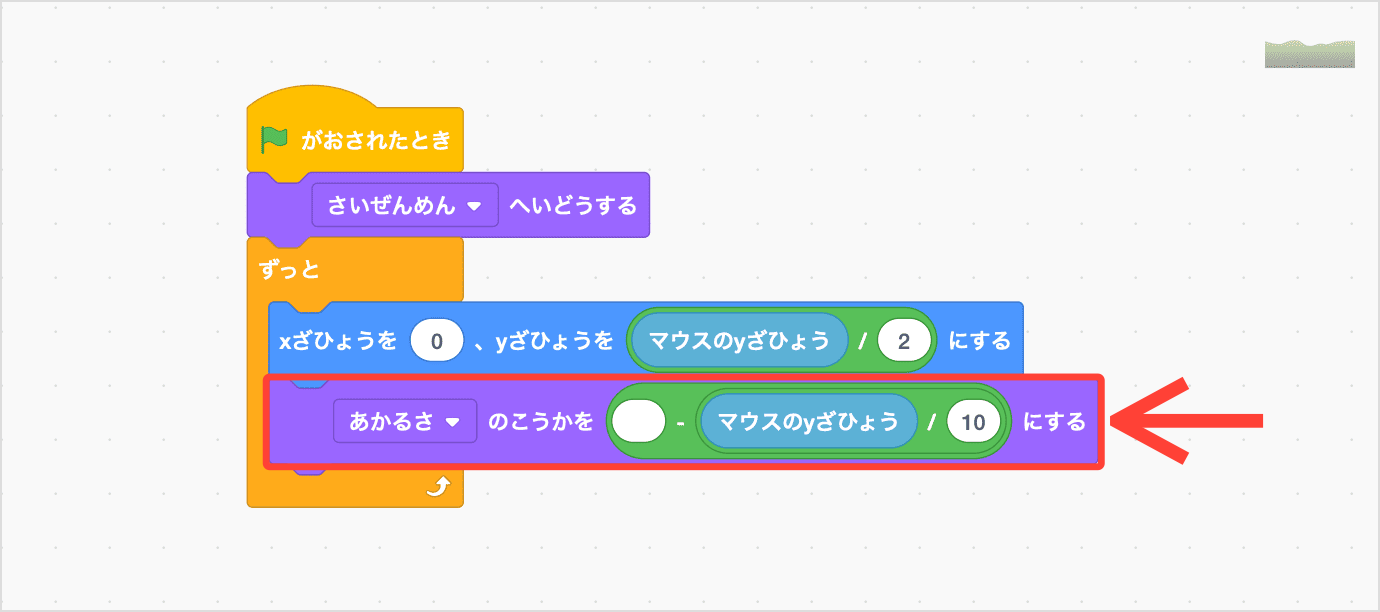 あかるさのこうかをマウスのyざひょうわる10のマイナスにする