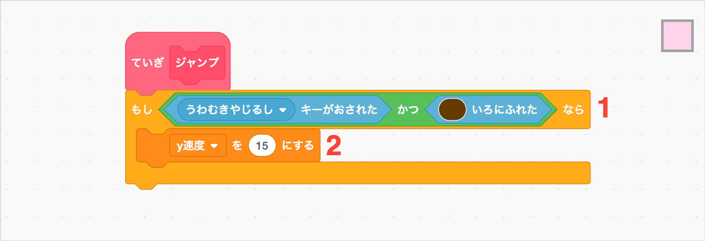 キーがおされたときにプラットフォームにふれているなら、yそくどを15にする