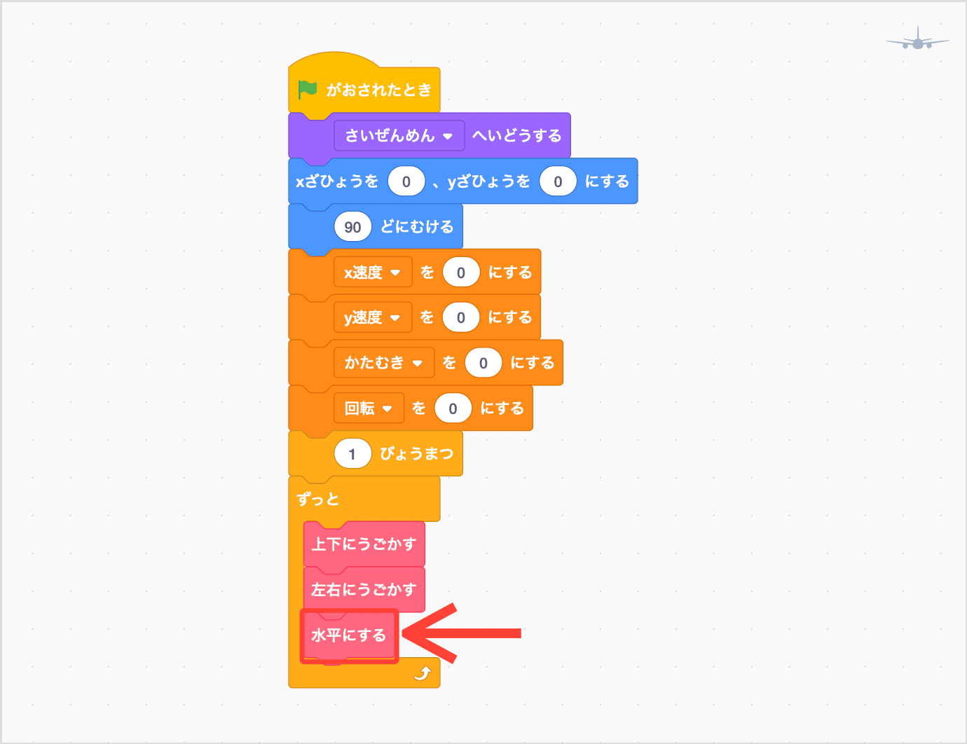「さゆうにうごかす」のしたに「すいへいにする」をつなげる