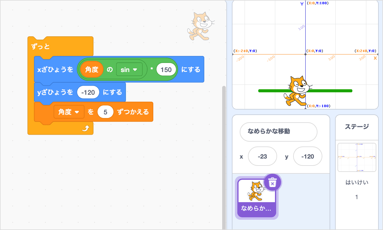 -150〜150までのあいだで、さゆうへなめらかにうごく
