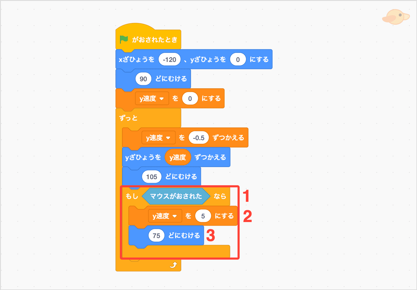 マウス押下で上へ動かす
